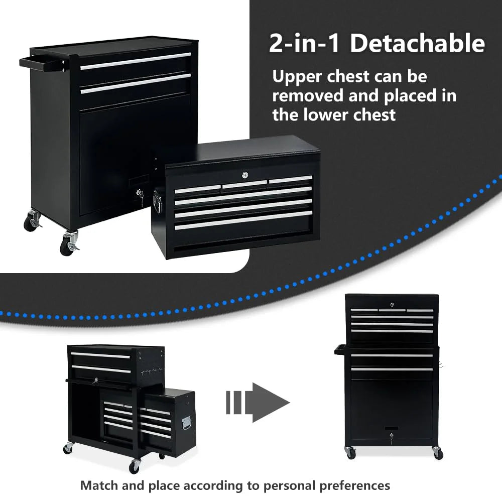 Artbros 8-Drawer Rolling Tool Chest, Large Tool Cabinet with Wheels, Detachable Toolbox Storage for Garage, Repair Shop, Workshop, Black