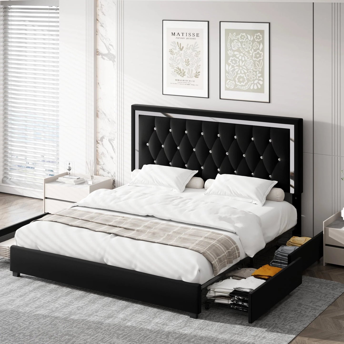 Homfa Queen Size Storage Bed with 4 Drawers, Crystal Buckle Upholstered Platform Bed Frame with Adjustable Headboard for Bedroom, Black