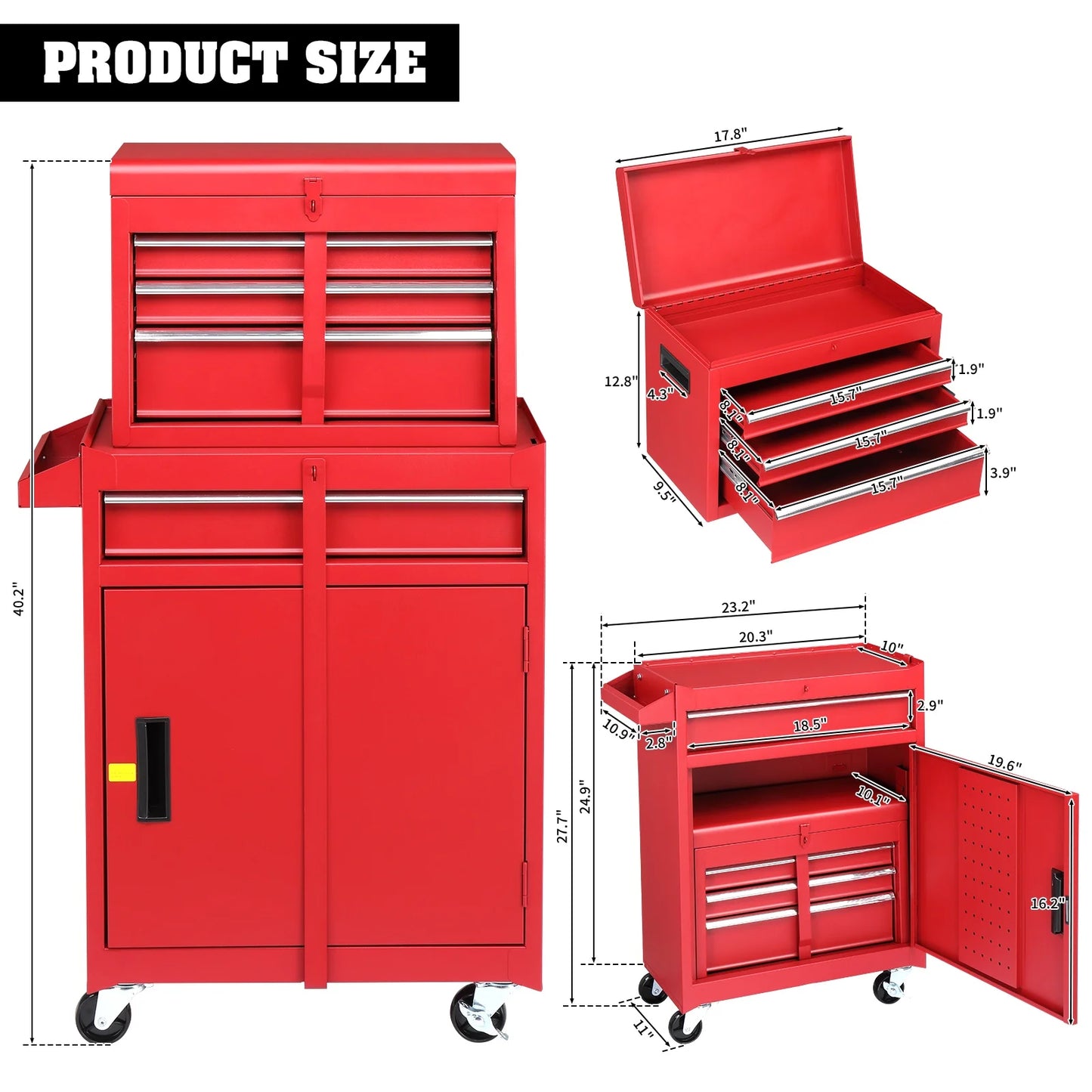 2-IN-1 Tool Chest with Drawers, Seizeen 2-tier Rolling Tool Box & Cabinet Large Capacity with 4 Drawers, Lockable Tool Box Organizer On Wheels, Red