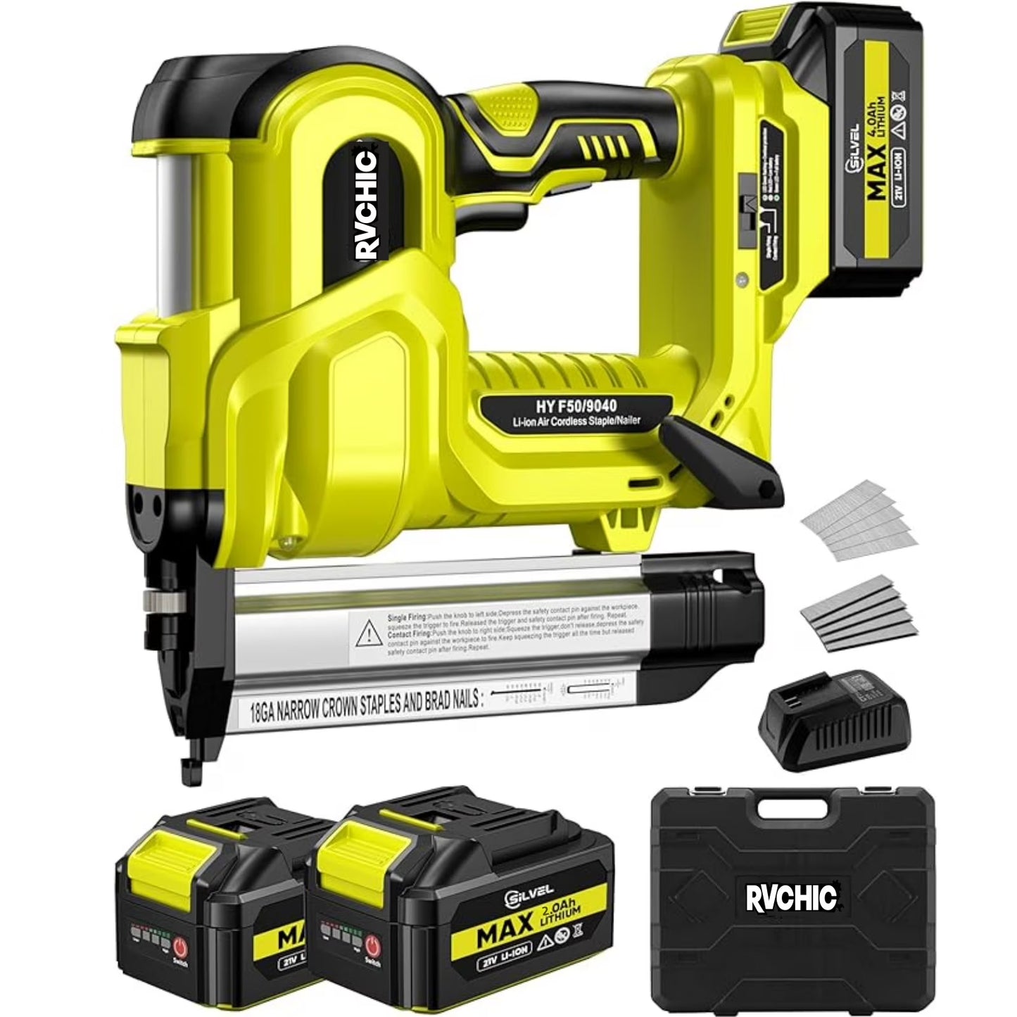 Rvchic 2-in-1 Cordless Electric Brad Nailer with 2 * 2.0Ah Battery for Upholstery,Carpentry and Woodworking,1000pcs Nails,18GA Staples Included,Yellow
