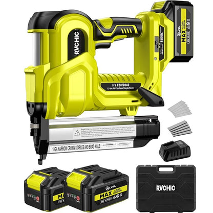 Rvchic 2-in-1 Cordless Electric Brad Nailer with 2 * 2.0Ah Battery for Upholstery,Carpentry and Woodworking,1000pcs Nails,18GA Staples Included,Yellow