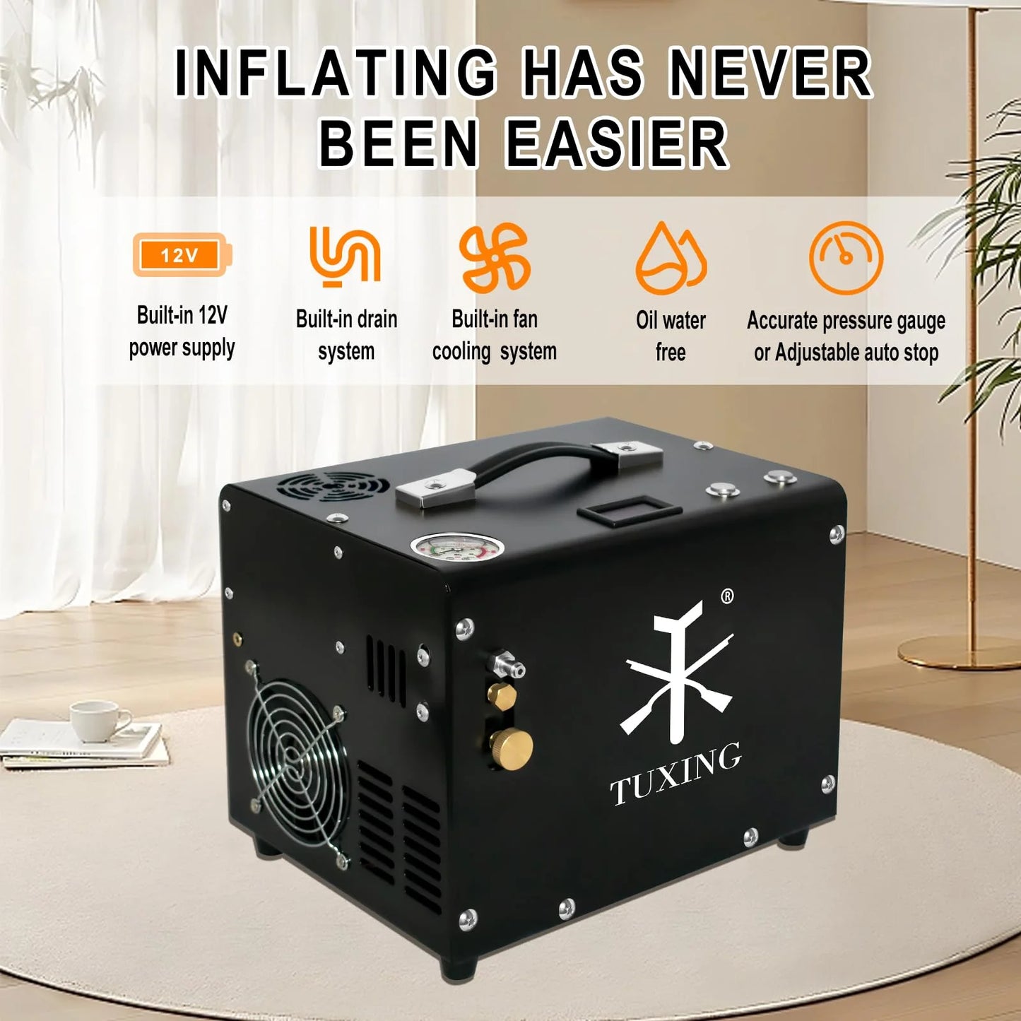 TUXING 4500Psi Pcp Compressor Built-in Fan Cooling/Converter for Pcp Air Rifle