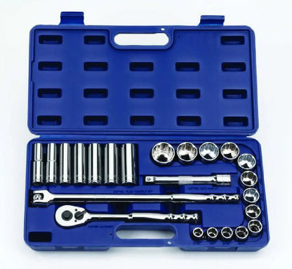 23pc 1/2" Drive 12-Point 1/2" to 7/8" Deep & 7/16" to 1-1/4" Shallow SUPERTORQUE Chrome Sockets & Drive Tools Set In A Packed In A Compact HDPE Carrying Case. Williams # JHW50668