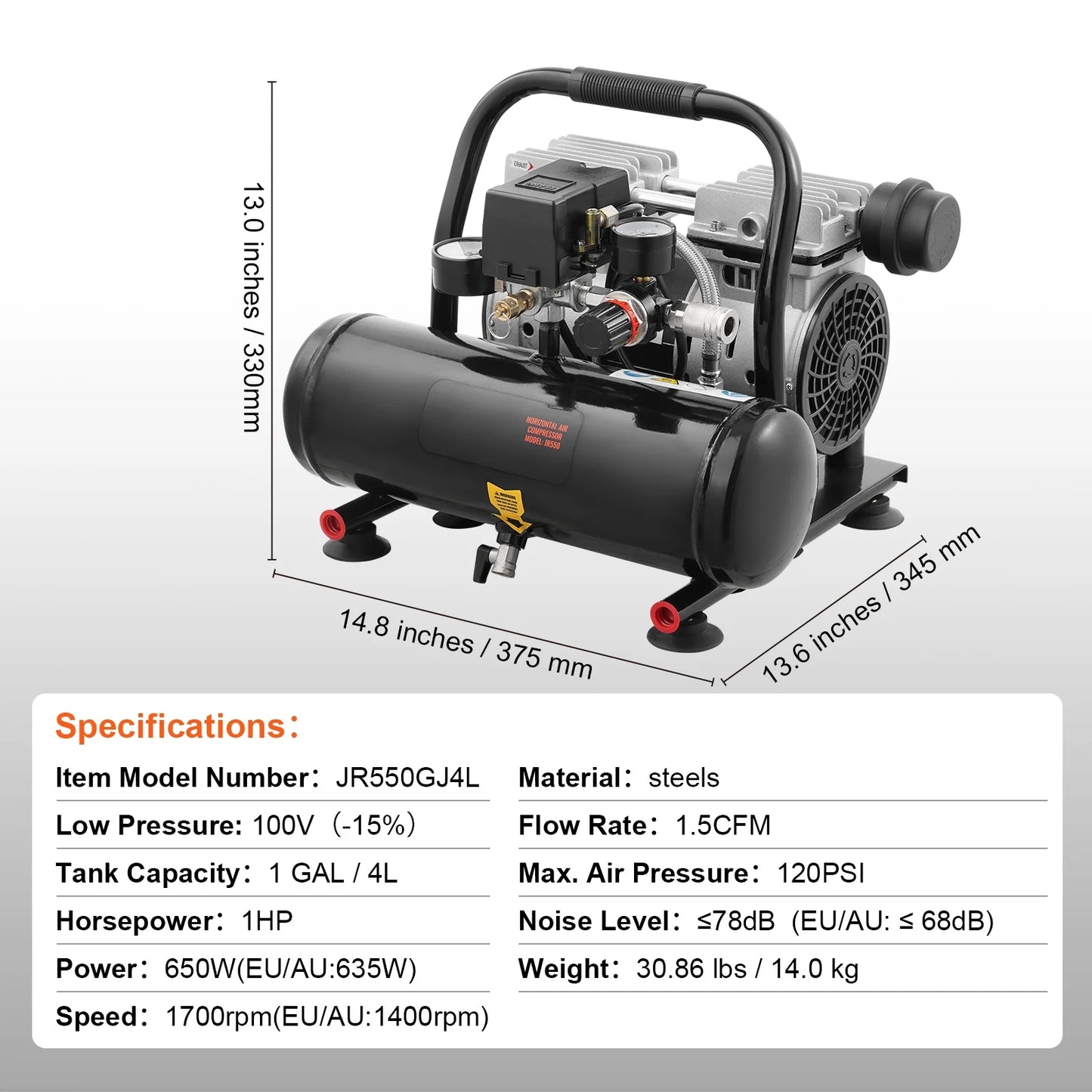 KFFKFF Air Compressor with 1 Gallon Steel Tank, 1HP, 1.5 CFM at 90PSI & Max Pressure of 120PSI, Oil-Free Operation, 78dB Low Noise Level, Ideal for Automotive Maintenance, Tire Inflation