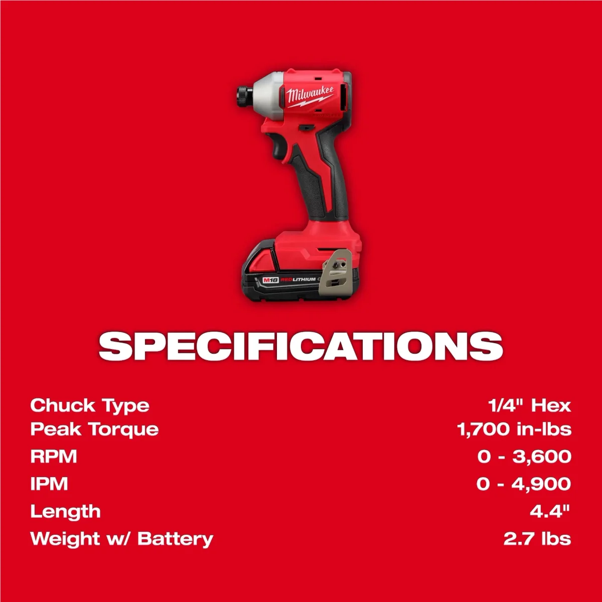Milwaukee 3650 18V Impact Driver 1/4 in Hex Drive Battery Included 1700 in-lb, 3600 RPM, 2 Piece