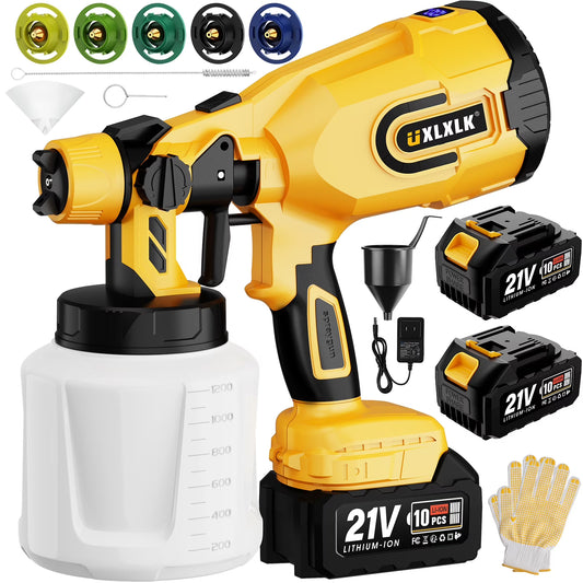 UXLXLK Cordless Paint Sprayer Gun with Battery 2 of 4.0Ah, Battery Display, 5 Copper Nozzles 1200ML Containers Airless HVLP Paint Sprayer for House Painting Furniture Cabinets Fence Wall.