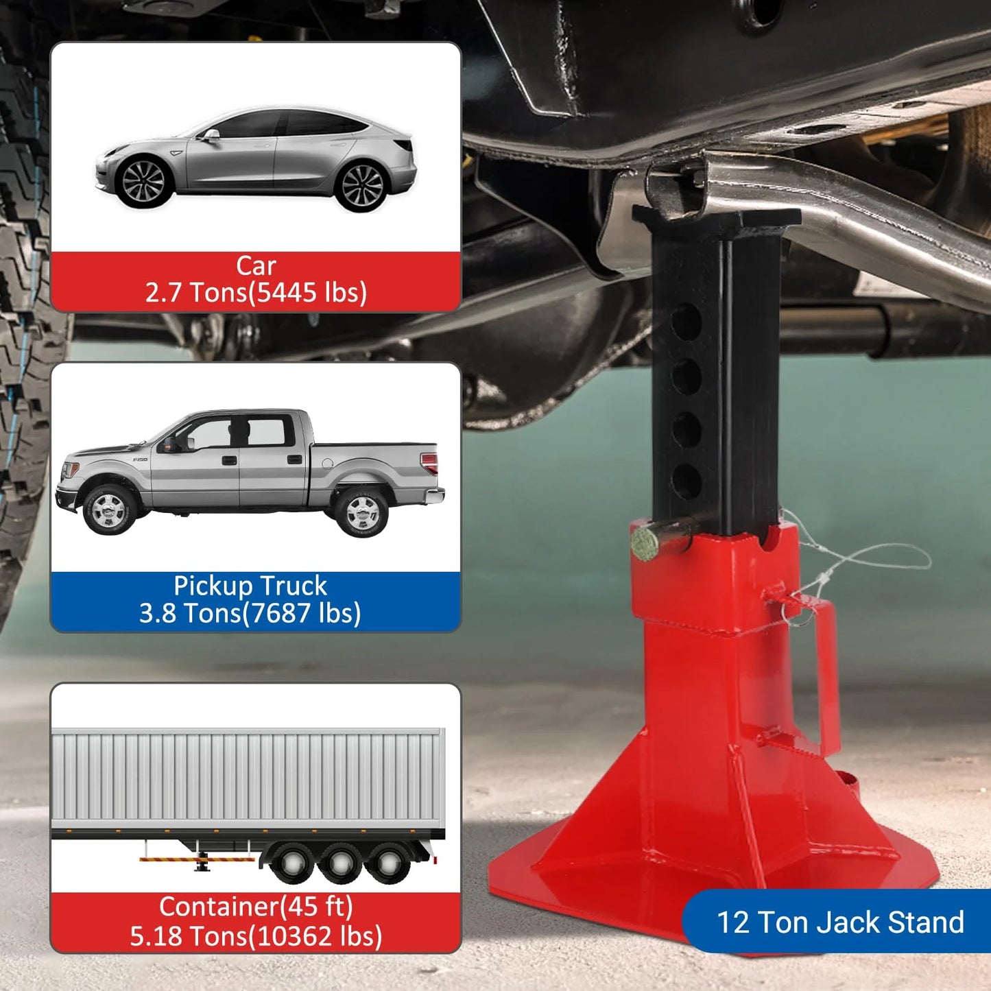Garvee Car Jack,Floor Jack Stands,Jack Stand with Lock, for Supporting Trucks Trailers Car, Adjustable Height 11"-18", 12 Ton (26,400 Lb) Capacity, Red, 1 Pair