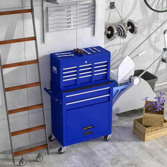 Multifunctional 8 Drawer Rolling Tool Chest with Pull Handle and Brake, Steel Construction Tool Cart with Storage Cabinet and Holidng Panel for Garage, Warehouse, Workshop, Repair Shop, Navy Blue