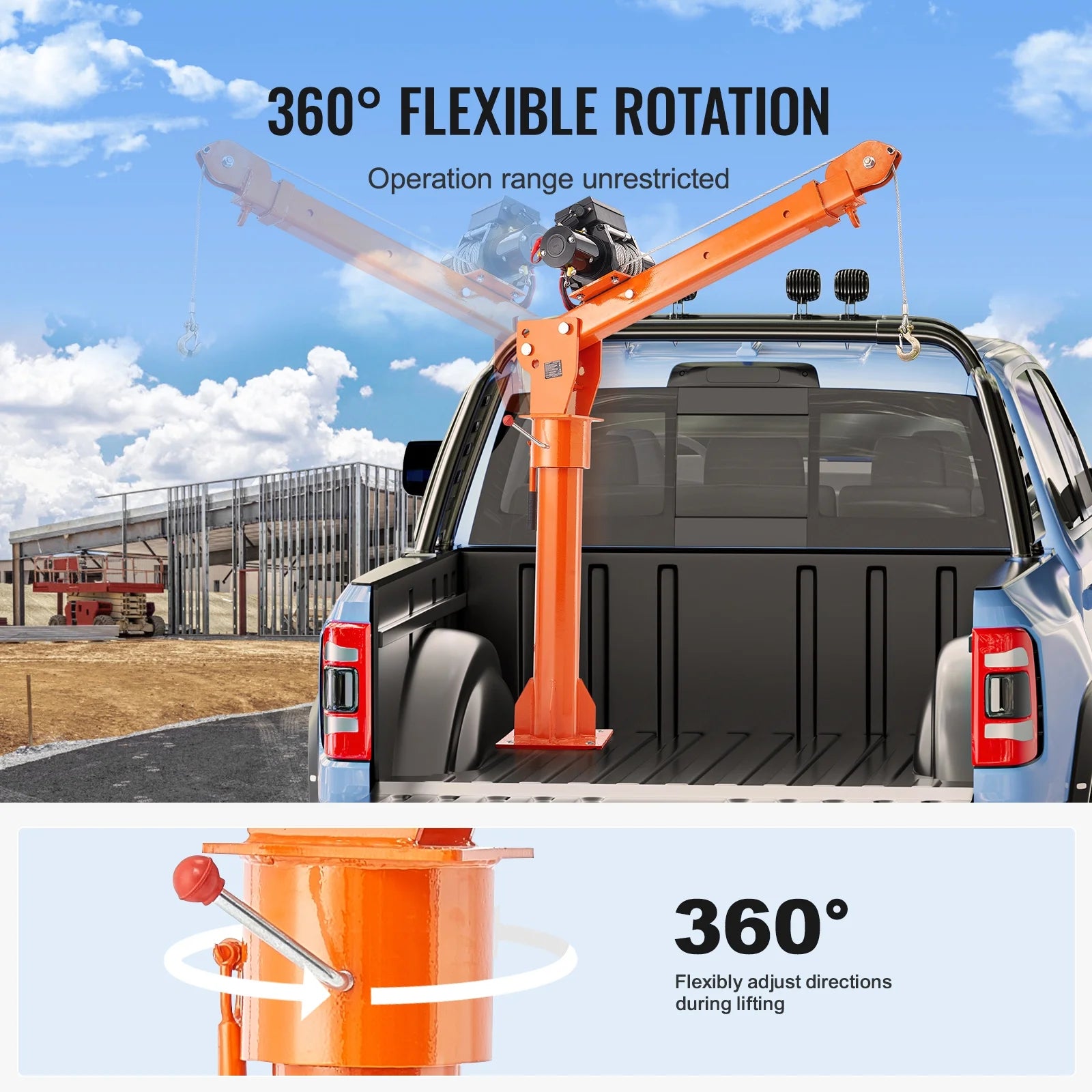KFFKFF Power-Operated Truck Crane, 2200 lbs, Collapsible Truck-Bed Mounted Crane with 6000 lbs Electric Winch, Steel-Made Truck Jib Crane Hoist with 360° Rotation