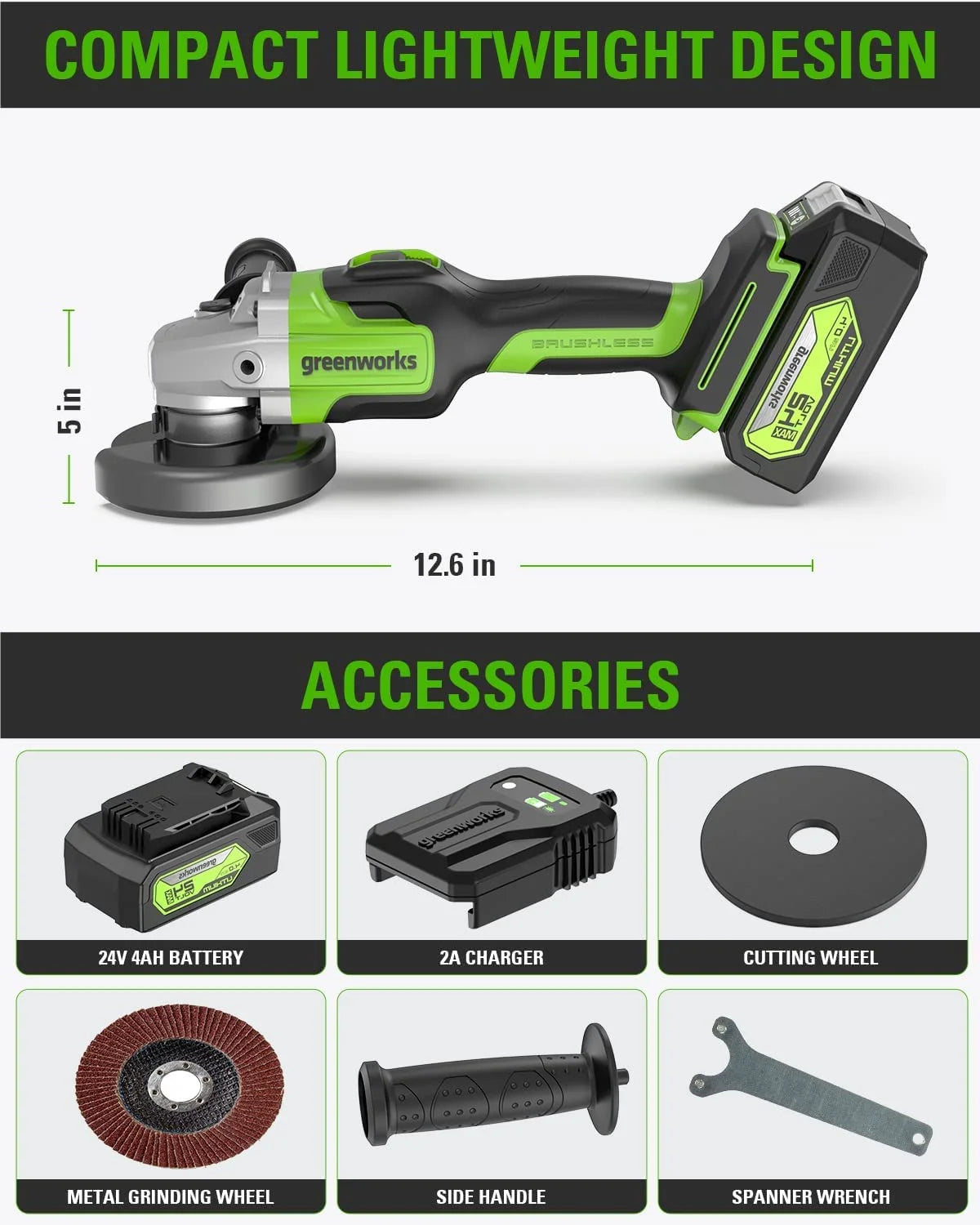 Greenworks 24V 4-1/2" Brushless Cordless Angle Grinder with 4Ah Battery & 2A Charger 3201302