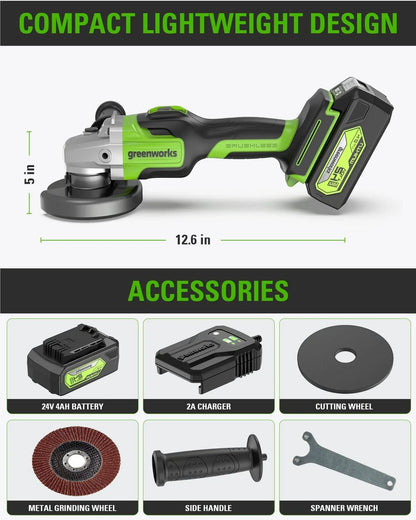 Greenworks 24V 4-1/2" Brushless Cordless Angle Grinder with 4Ah Battery & 2A Charger 3201302