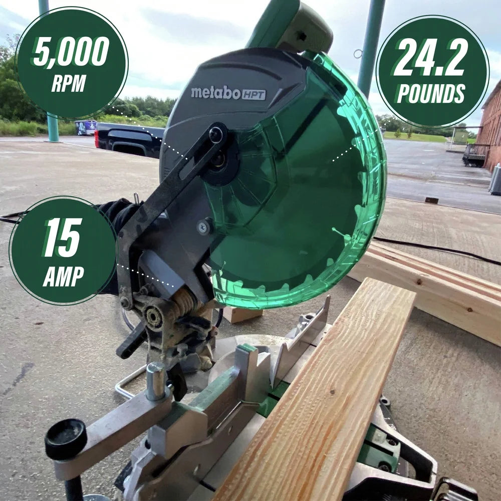 Metabo HPT Compound Miter Saw, 10" Miter Saw with Large Table Saw for woodworking, Power saw with 15-Amp Motor, Accurate Miter Angles, 0-45 Bevel, 24T TCT Miter Saw Blade, Positive Stops, C10FCGS