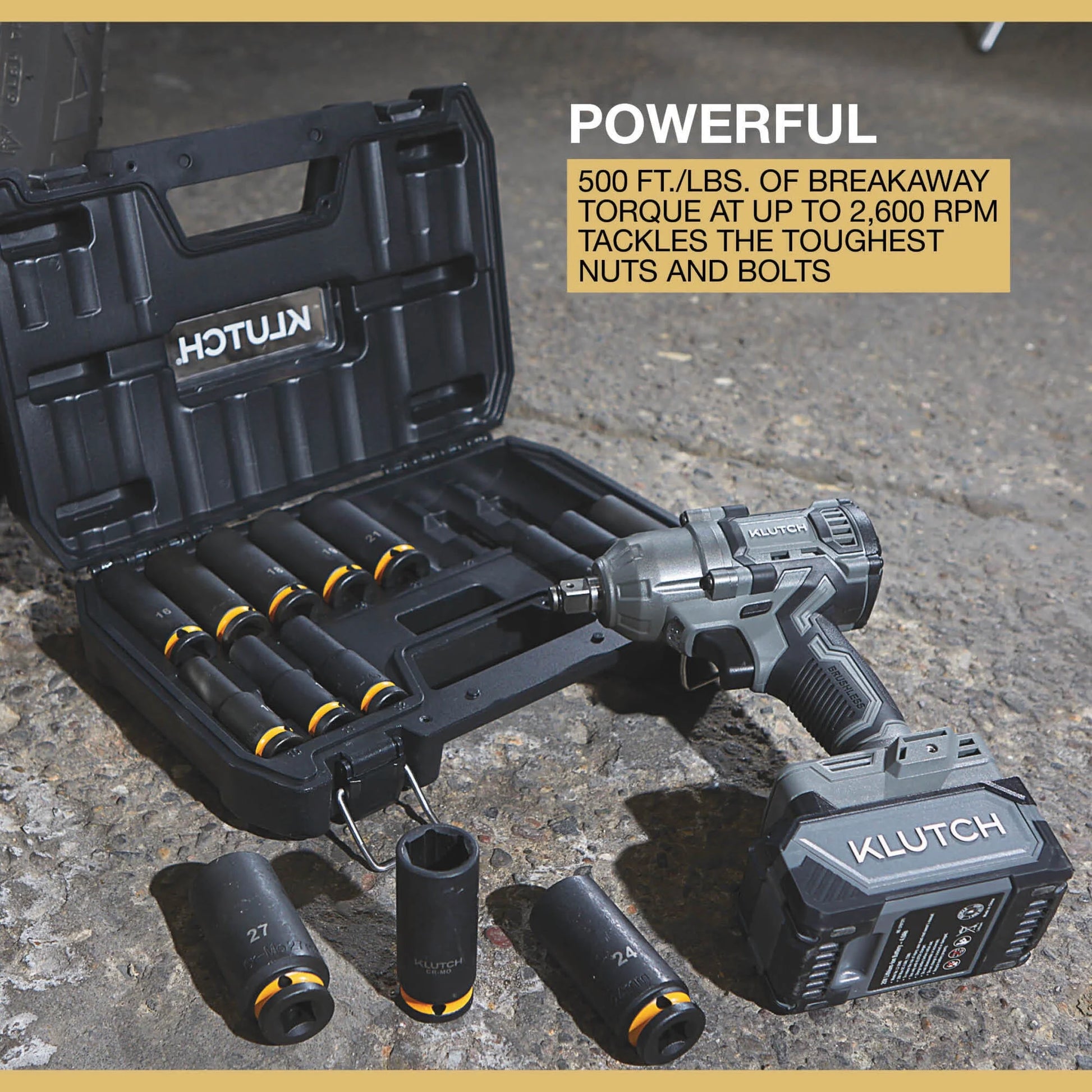 Klutch 1/2in. Impact Wrench, KLiQ 20V, 500 Ft./Lbs. Breakaway Torque, Brushless, Cordless, Bare Tool