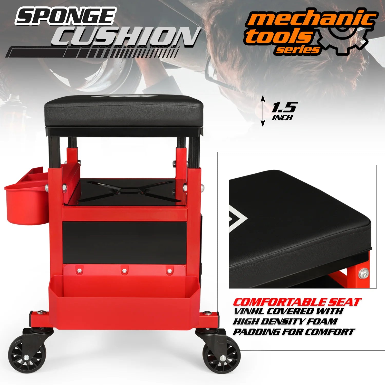 M-AUTO Adjustable Rectangular Roller Tool Box Padded Chair with Storage Tool Tray & Cabinet, 350 lbs Capacity with Casters - Red