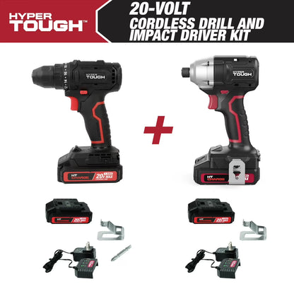 Hyper Tough 20V Max 3/8" cordless Drill/1/4" cordless Impact Driver Combo with (2) - 1.5Ah batteries and chargers