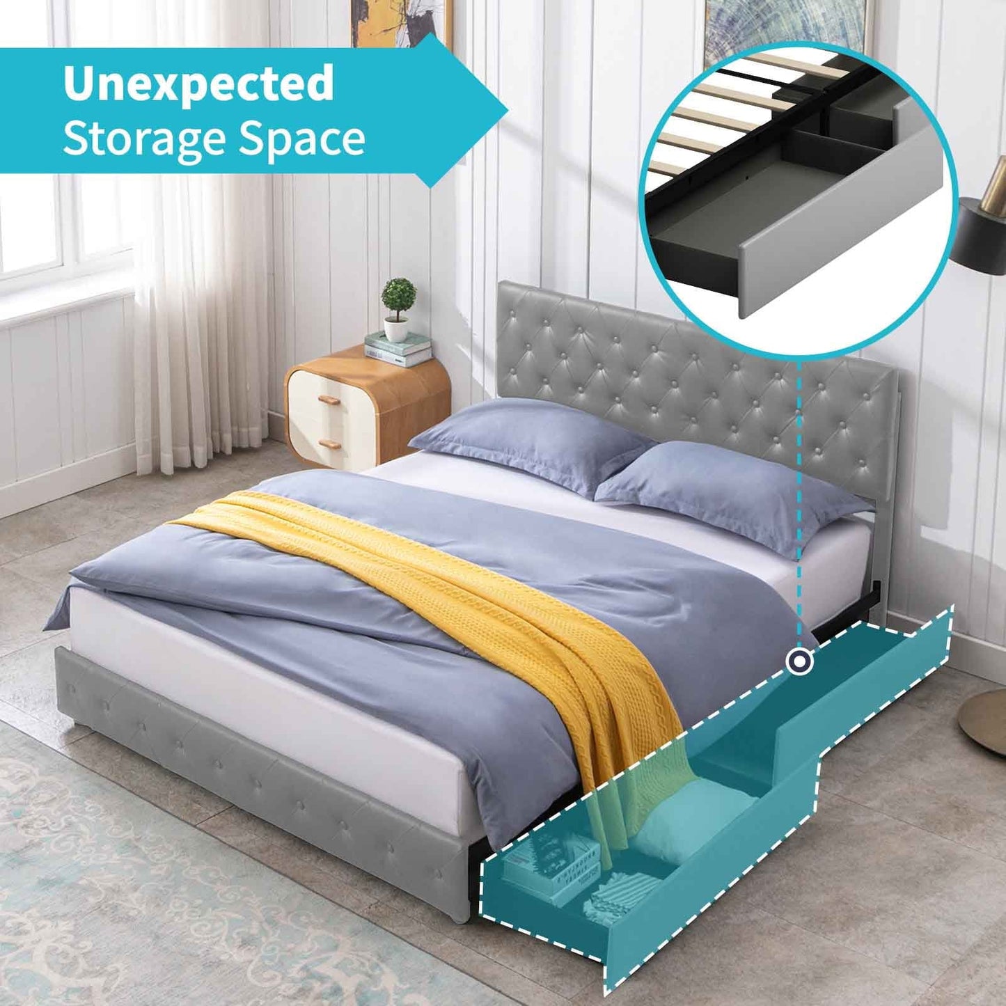 Cecer King Size Upholstered Platform Bed Frame with 4 Storage Drawers, PU Leather Modern Bed Frame with Adjustable Headboard, Easy Assembly Grey