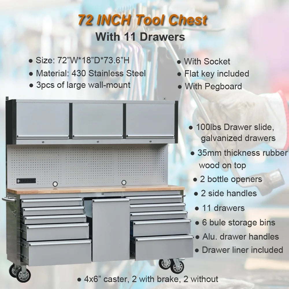 72 inch 11 Drawers Tool Chest with 3 Up Cabinet & Pegboard in Stainless Steel, Large Lockable Mobile Workbench with 6 Blue Storage Bins, Tool Box for Garage, Workshop (1 HTC7214W1+ 1 HTC7218W1)