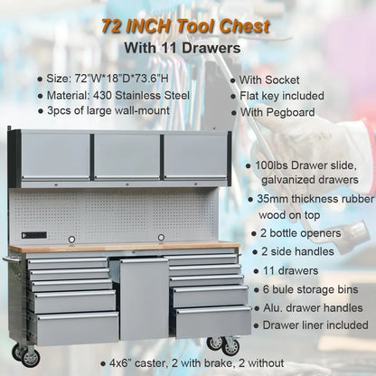 72 inch 11 Drawers Tool Chest with 3 Up Cabinet & Pegboard in Stainless Steel, Large Lockable Mobile Workbench with 6 Blue Storage Bins, Tool Box for Garage, Workshop (1 HTC7214W1+ 1 HTC7218W1)