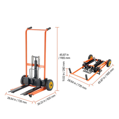 KFFKFF Hydraulic Material Lift Stacker, 450 lbs Capacity, Pallet Truck with Fork Lift Table, 35.8-Inch Max Height, Foldable & Portable Table Cart, Yellow & Black