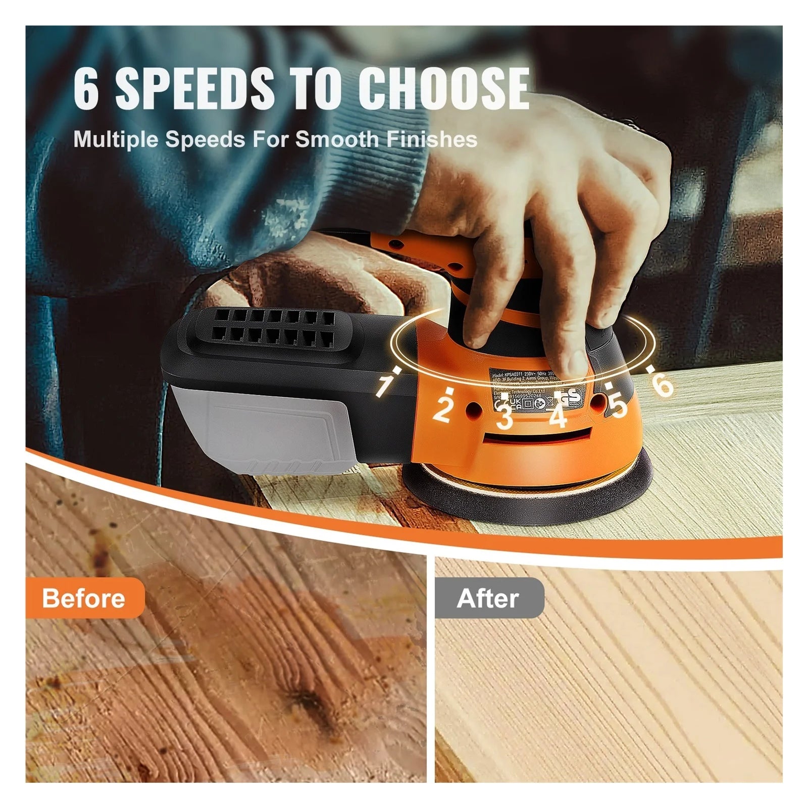 350W Random Orbit Sander 6 Speeds 13000 OPM 5" Palm Sander W/2pcs A-Level Hook-and-Loop Sanding Discs & Vacuum Connector ,High Efficiency