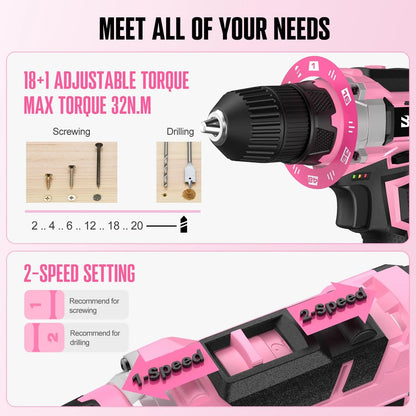 20V 236Pcs Cordless Pink Drill Set - Essential Women's Pink Tool Set, Lady's Basic Home Tool Kit with Pink Tool Bag - All in One Pink Tool Kit Ideal for DIY, Home Improvement