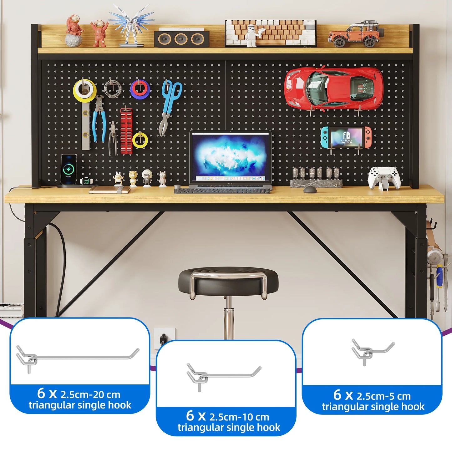 DEXTRUS Multifunctional Workbench with Wheels, 59.1" x 23.6" with Pegboard Worktable w/Power Outlets, A3 Steel Work Bench For Garage max. Heavy Duty Workbench 2000lbs Weight Capacity