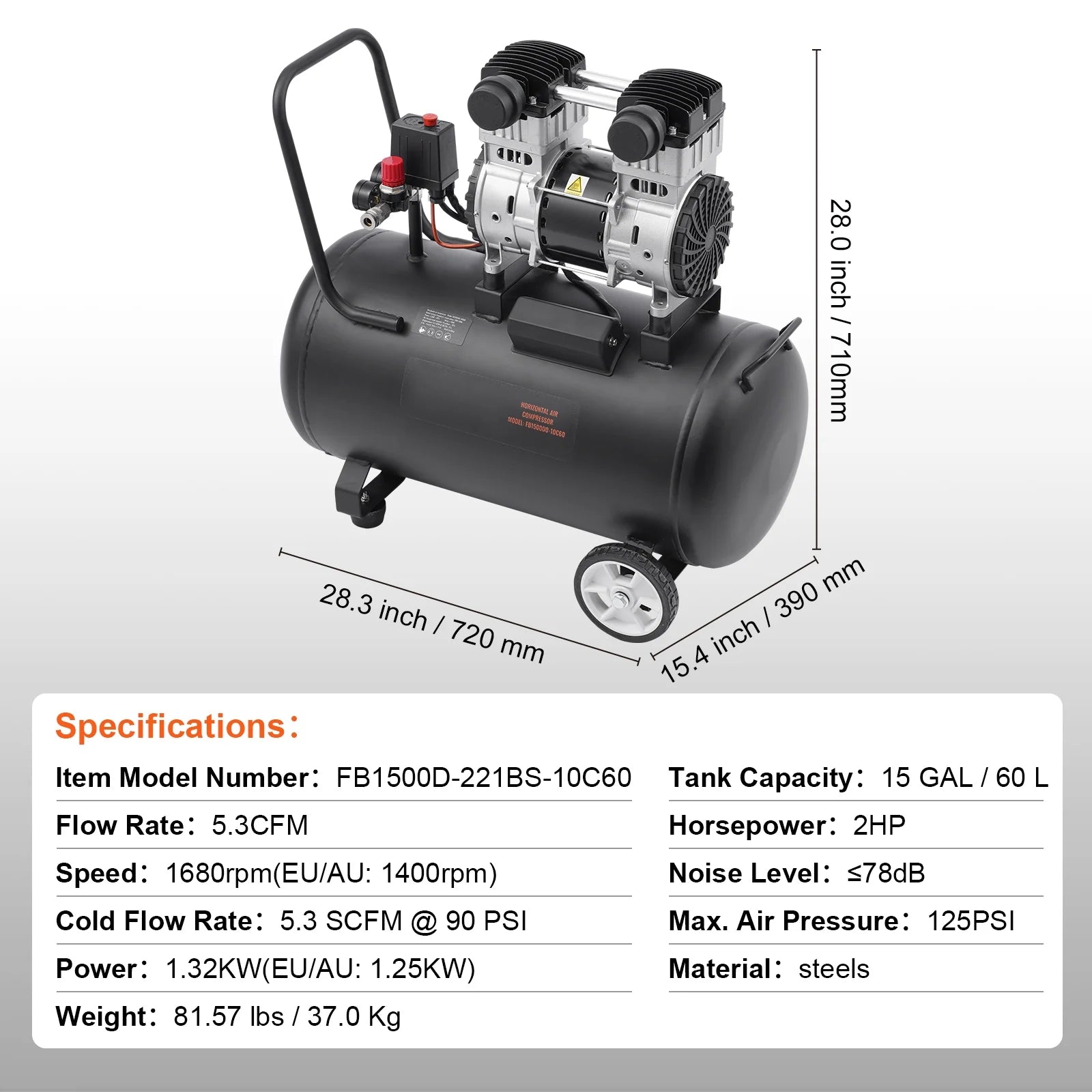 KFFKFF Air Compressor with 15 Gallon Steel Tank, 2HP, 5.3 CFM@90 PSI, Oil-Free Operation & Max 125PSI. Quiet 78dB for Auto Repairs, Tire Inflation & Spray Paint