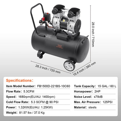 KFFKFF Air Compressor with 15 Gallon Steel Tank, 2HP, 5.3 CFM@90 PSI, Oil-Free Operation & Max 125PSI. Quiet 78dB for Auto Repairs, Tire Inflation & Spray Paint