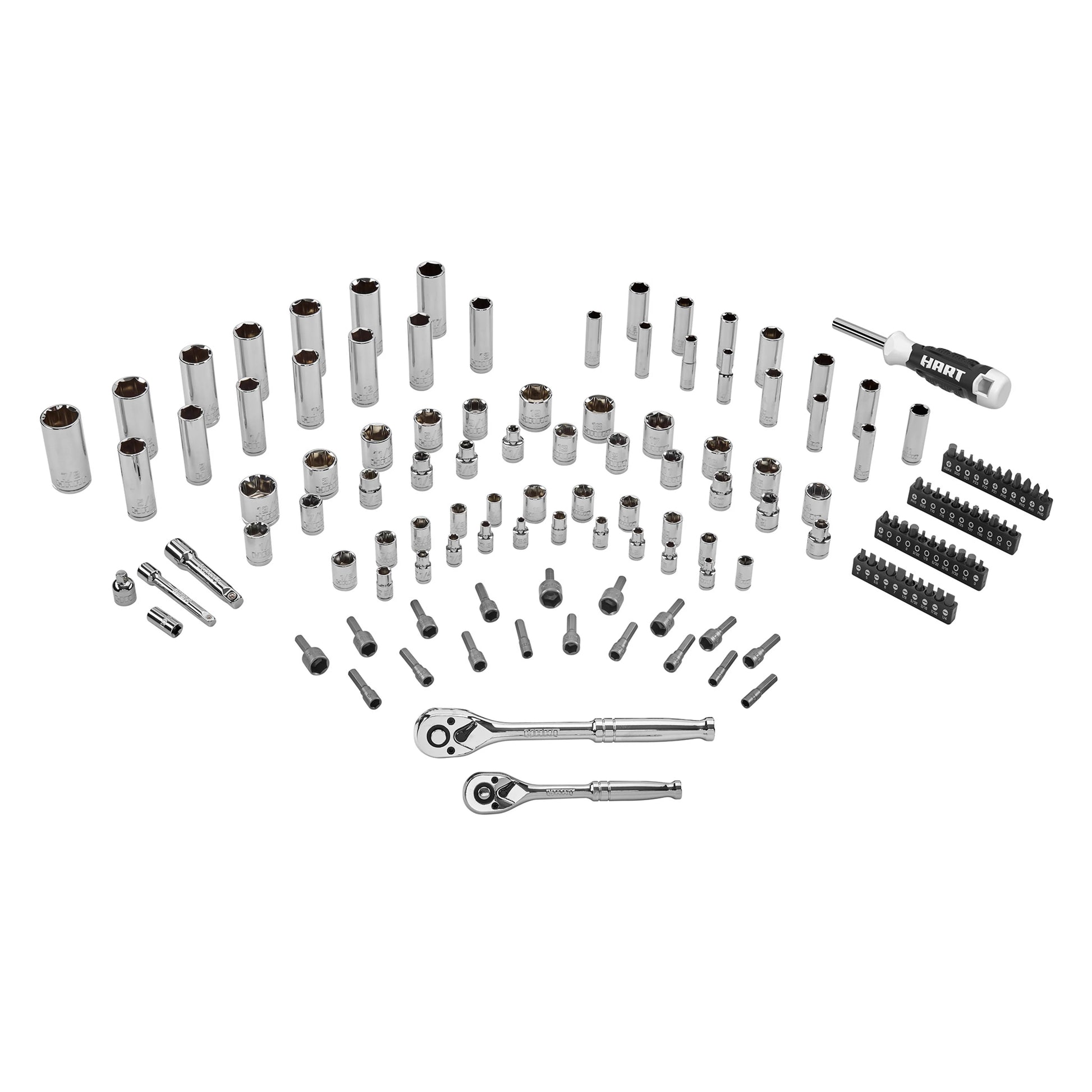 HART 140-Piece 1/4 and 3/8-inch Drive Mechanics Tool Set, Chrome Finish, SAE & Metric