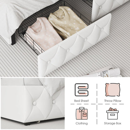 Homfa Queen LED Bed, 9 Colors LED Lights Platform Bed Frame with 4 Storage Drawers, Adjustable Upholstered Headboard with Button Tufted, PU White