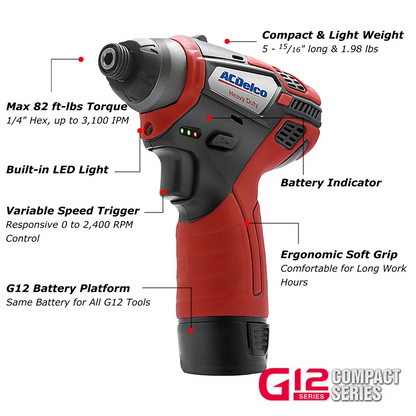 ACDelco ACDelco ARW12103-K2 G12 Series 12V Li-ion Cordless 3/8" Brushless Rachet Wrench & ?"? Impact Driver Combo Tool Kit with 2 Batteries