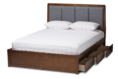 Baxton Studio Brannigan Modern and Contemporary Dark Grey Fabric Upholstered Walnut Finished Storage Platform Bed, Multiple Sizes