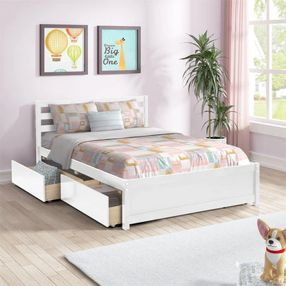 Full Size Platform Bed with 4 Storage Drawers, Solid Wood Bed Frame with Headboard and Slat Support, Storage Bed Frame for Kids Adults Bedroom, Easy Assembly, White