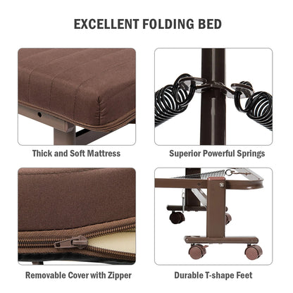 Giantex Folding Guest Bed, Single Bed with with Mattress and Heavy Duty Metal Frame, Adjustable Folding Sleeper Bed with Storage Bag, Portable Sleeper Bed with Wheels for Home, Office, Outdoor (Brown)