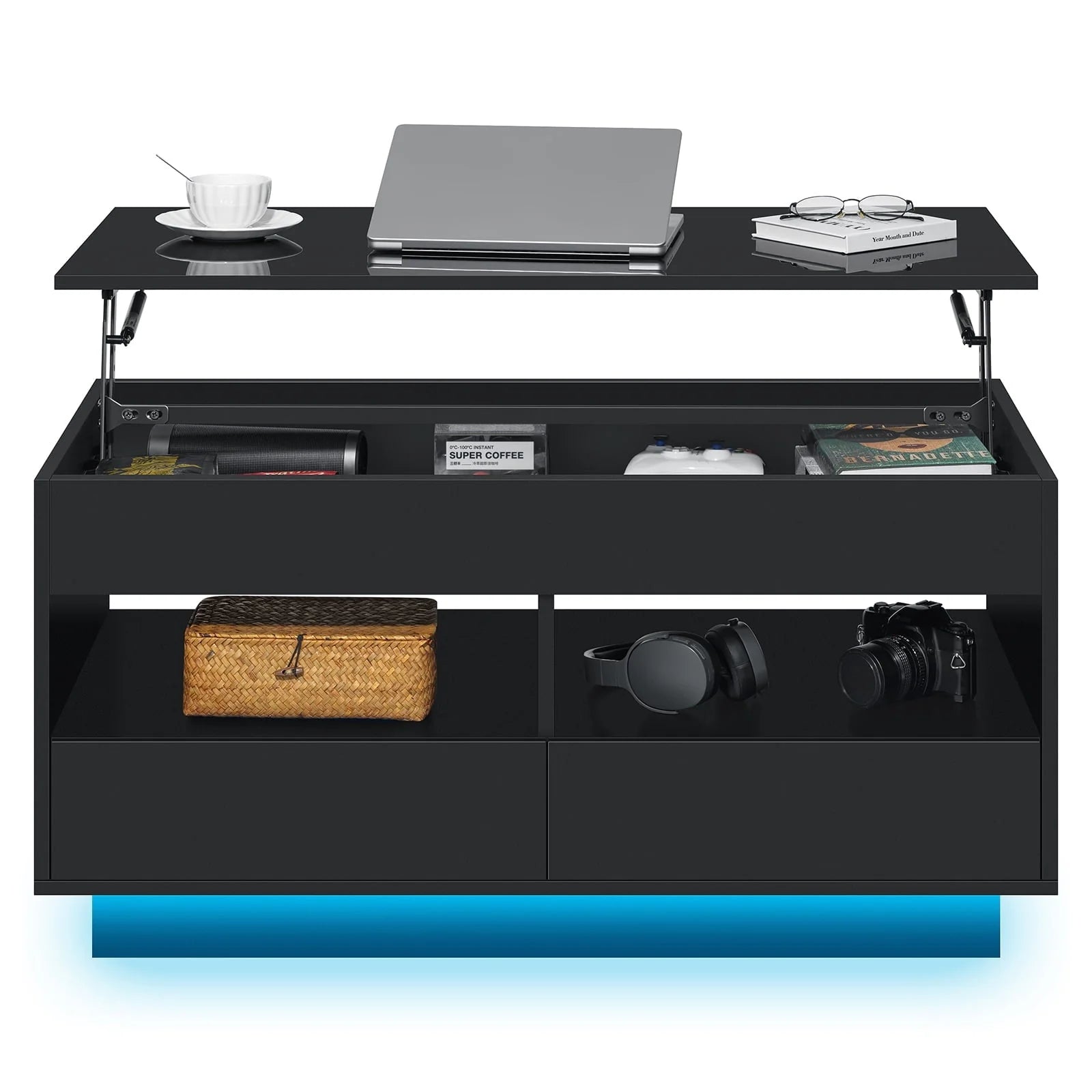Hommpa Lift Top Coffee Table with 2 Drawers High Gloss Rectangle Black Coffee Table with LED Lights and Hidden Storage for Living Room Home Office Center Cocktail Tables 25.19" Height