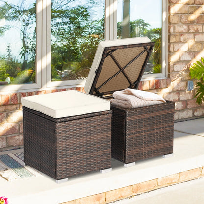 Costway 2PC Patio Rattan Ottoman Seat Side Table Storage Box Footrest Off White