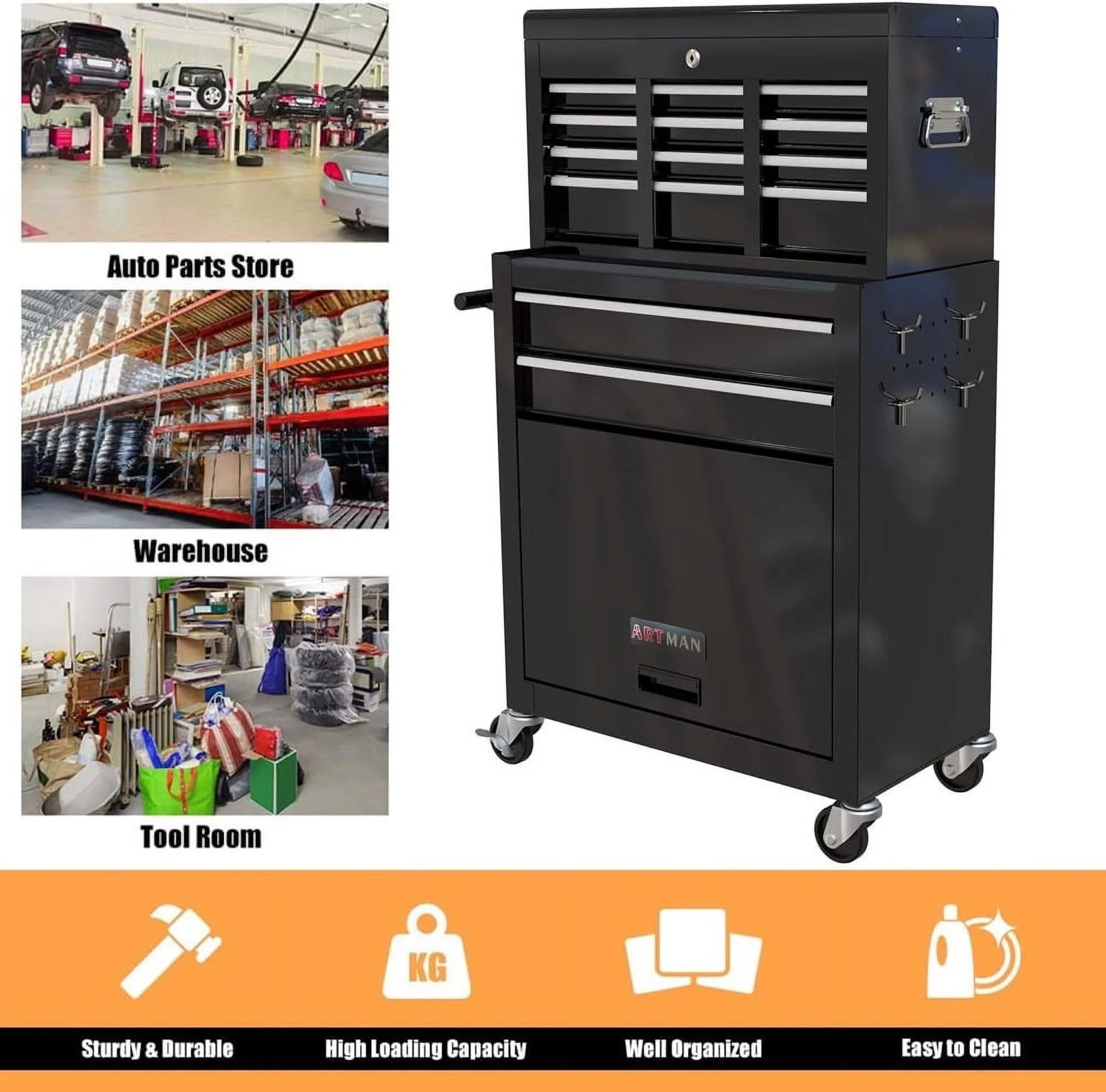8-Drawer Tool Chest High Capacity Rolling Tool Chest with Wheels and Drawers Rolling Tool Box with Lock, Removable Tool Cabinet Storage for Warehouse Garage Workshop, Black