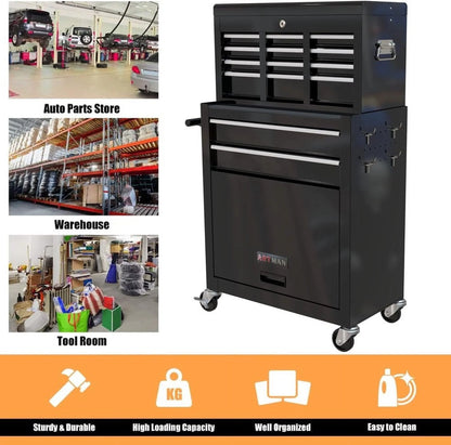8-Drawer Tool Chest High Capacity Rolling Tool Chest with Wheels and Drawers Rolling Tool Box with Lock, Removable Tool Cabinet Storage for Warehouse Garage Workshop, Black