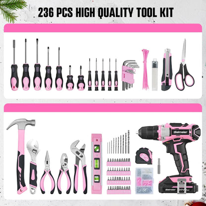 20V 236Pcs Cordless Pink Drill Set - Essential Women's Pink Tool Set, Lady's Basic Home Tool Kit with Pink Tool Bag - All in One Pink Tool Kit Ideal for DIY, Home Improvement