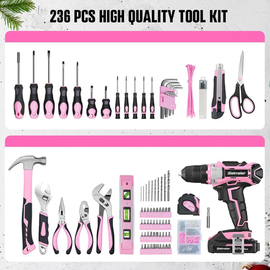 20V 236Pcs Cordless Pink Drill Set - Essential Women's Pink Tool Set, Lady's Basic Home Tool Kit with Pink Tool Bag - All in One Pink Tool Kit Ideal for DIY, Home Improvement