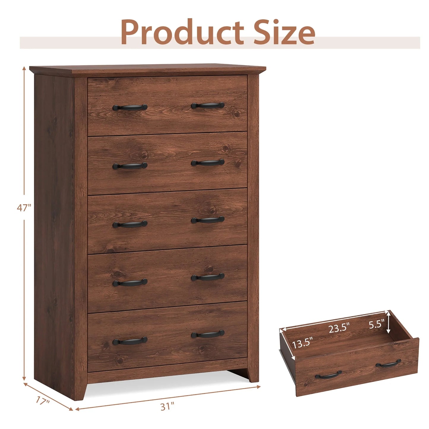 Costway 5 Drawer Chest Storage Dresser Tall Cabinet Organizer Bedroom Hallway Walnut