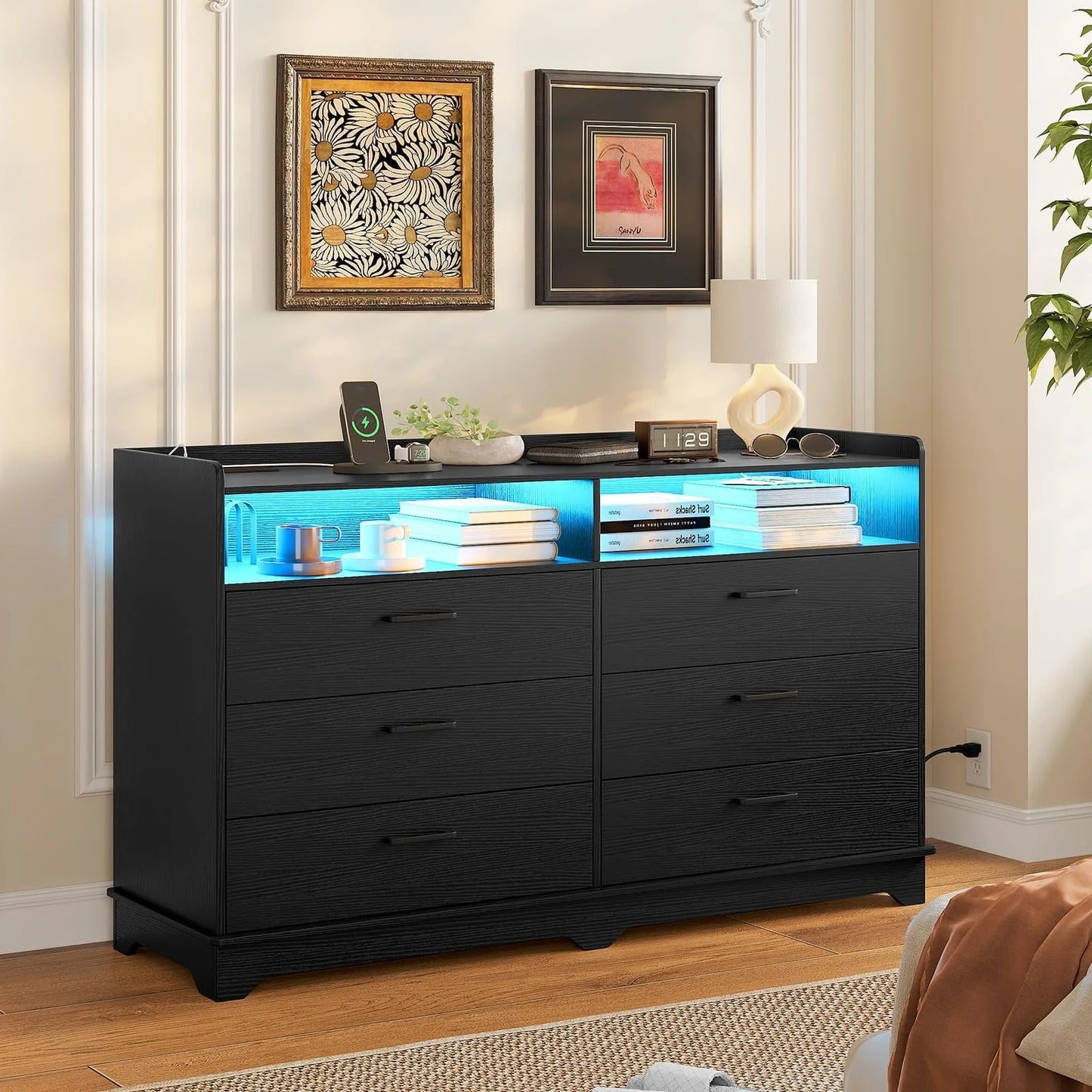Hasuit 6 Drawers Dresser with LED Lights and Charging Station, Modern Storage Tower Dressers and Chests of Drawers and Open Cubby, Black