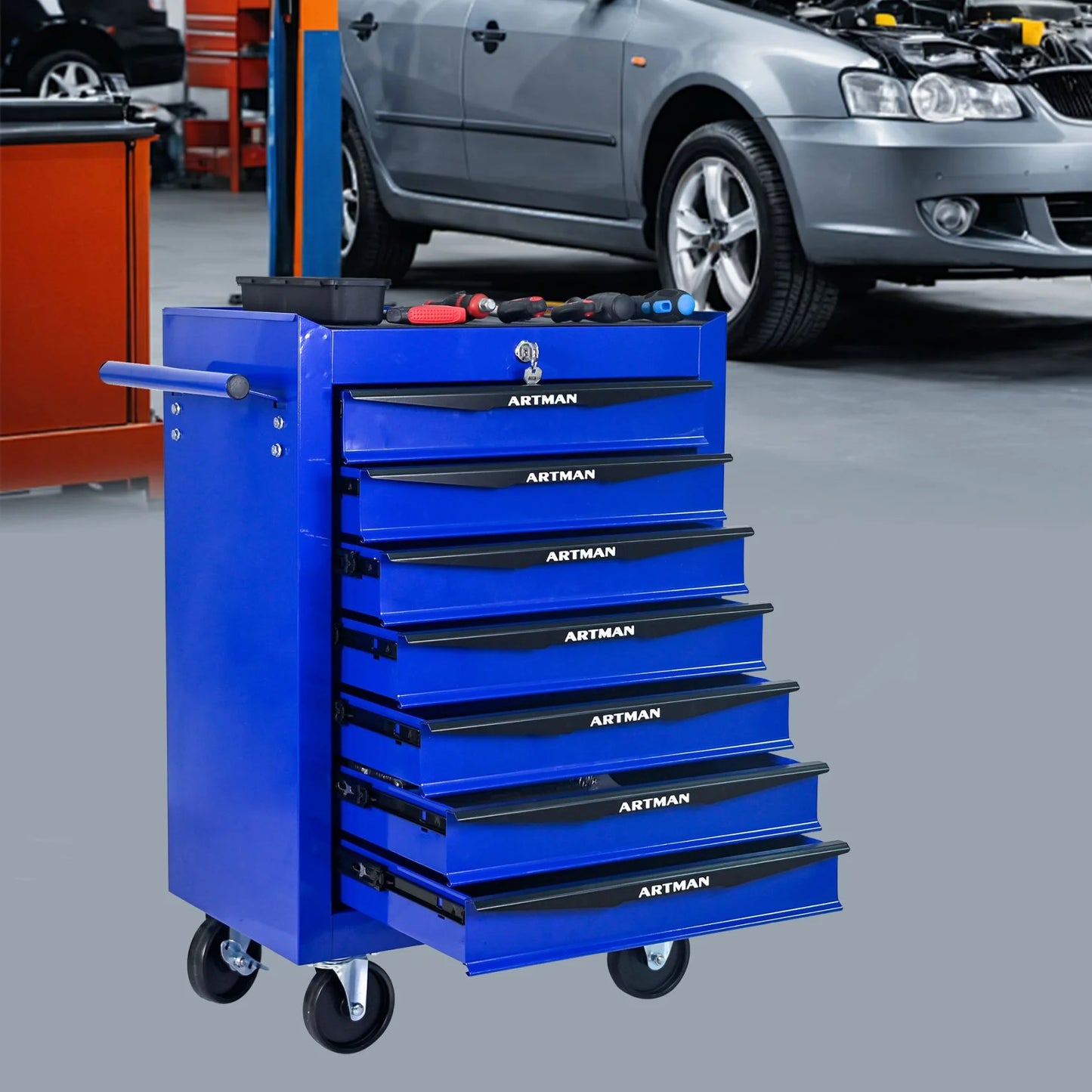 FARONZE Rolling Metal Tool Chest with 7 Drawers, 20" Steel Storage Cabinet with Ball Bearing Slides, Black and Blue Finish