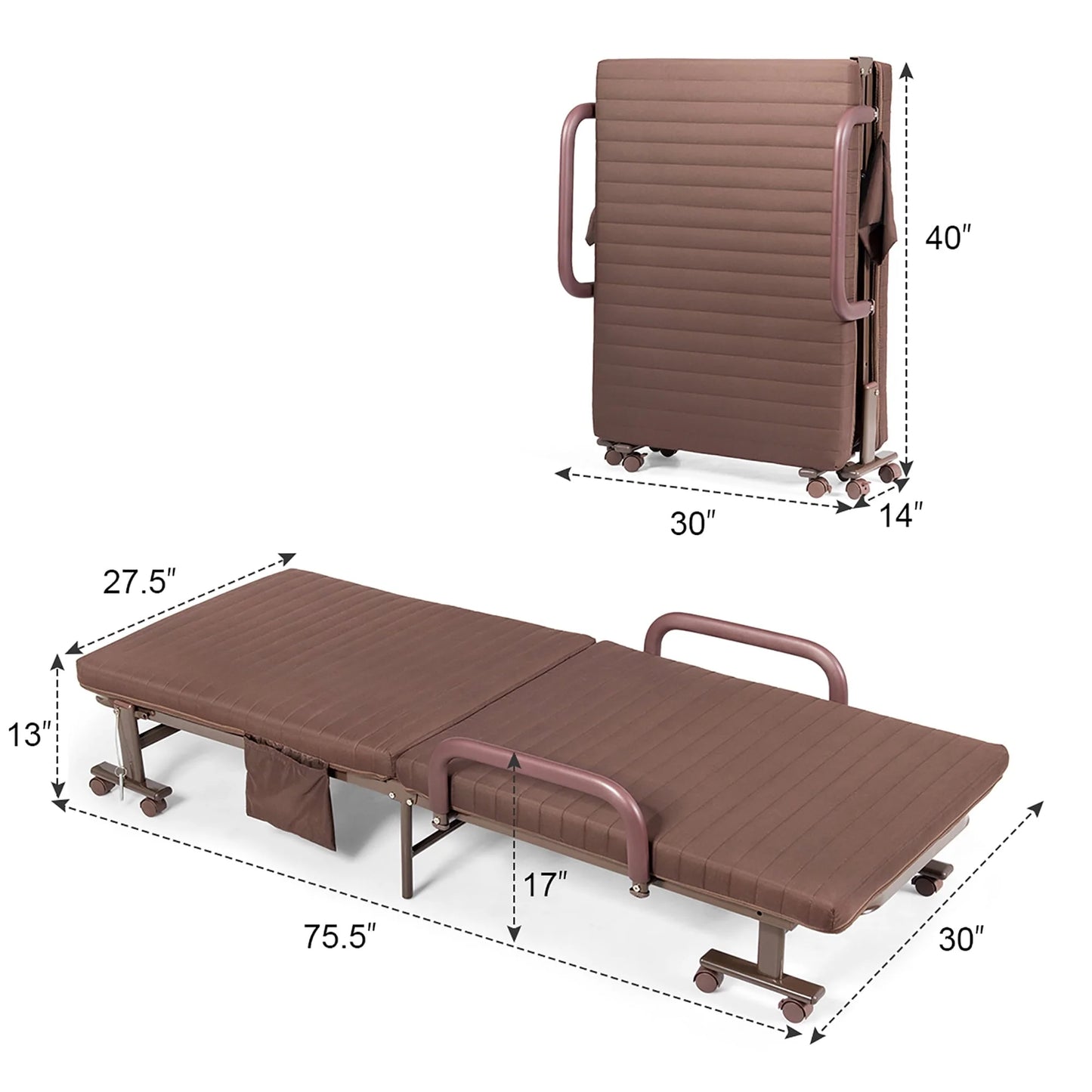 Giantex Folding Guest Bed, Single Bed with with Mattress and Heavy Duty Metal Frame, Adjustable Folding Sleeper Bed with Storage Bag, Portable Sleeper Bed with Wheels for Home, Office, Outdoor (Brown)