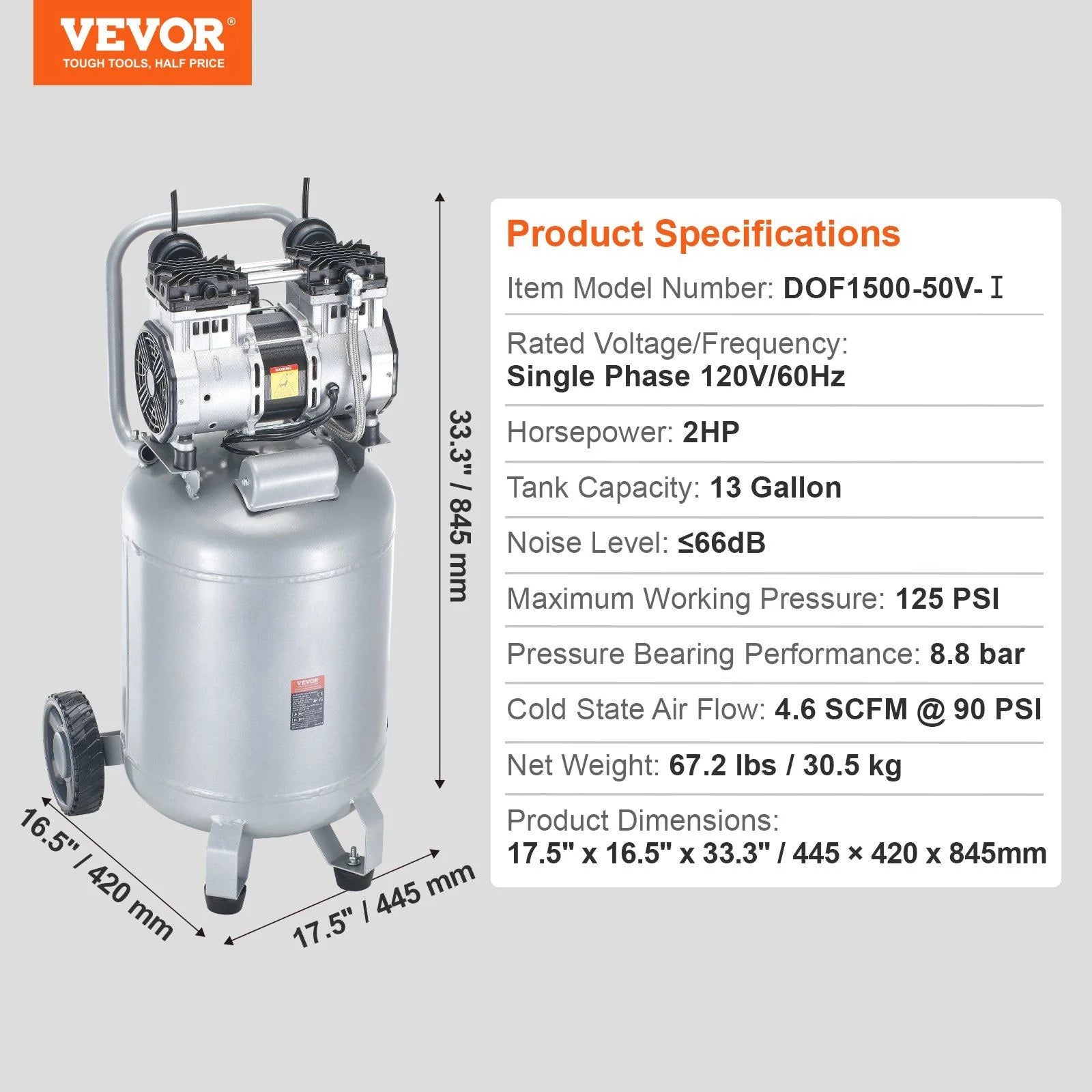 13 Gallon Air Compressor, 66dB Ultra-Quiet Compressor for Tire Inflation, Auto Repair, 2HP 4.6 SCFM@90PSI Oil Free Air Compressor Tank, Woodwork Nailing, Spray Painting (125PSI Max Pressure)
