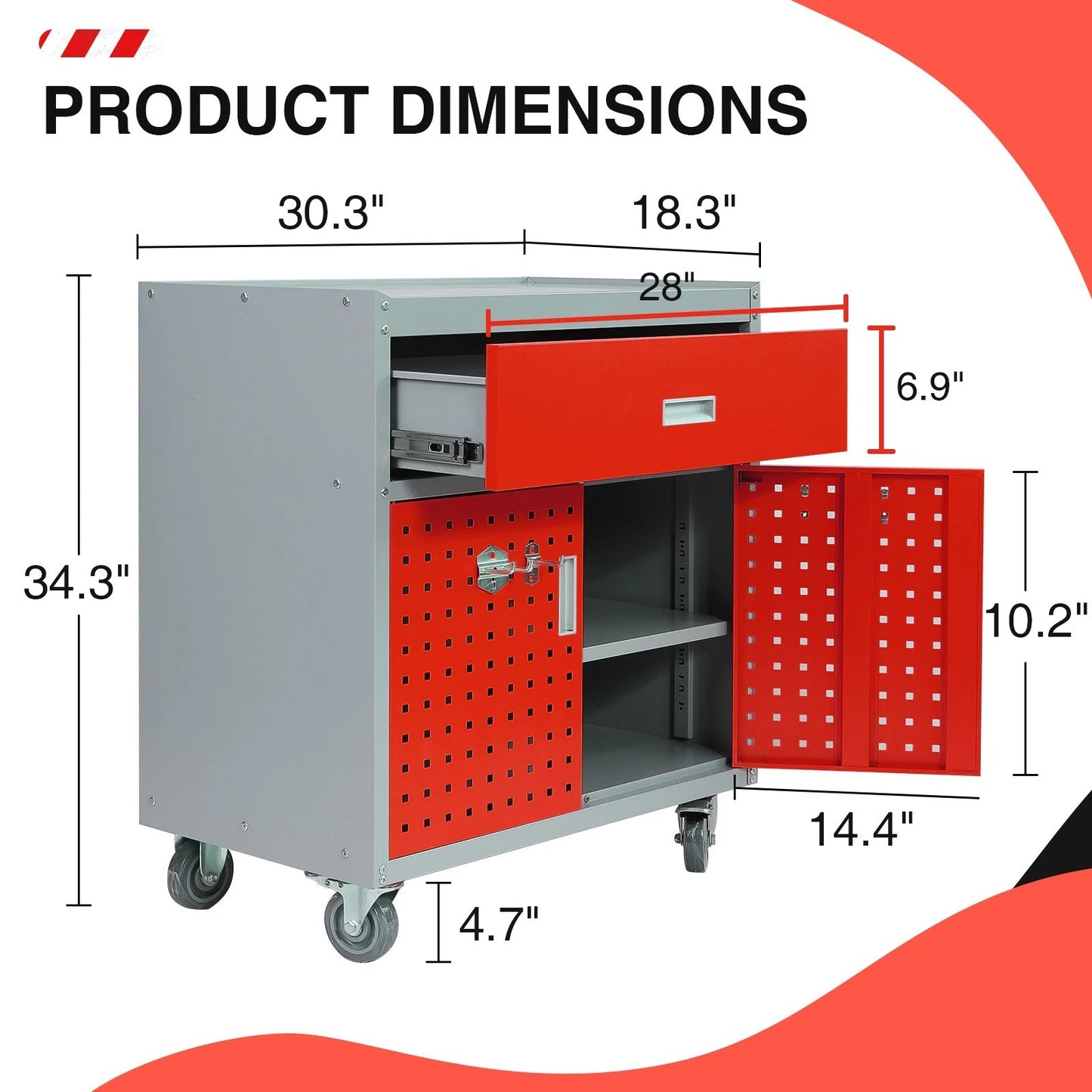 Tool Box Chest Cabinet Wheels Metal Rolling Auto Repair Storage w/Drawer, Red