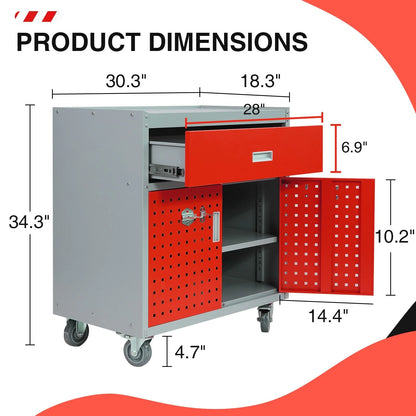 Tool Box Chest Cabinet Wheels Metal Rolling Auto Repair Storage w/Drawer, Red
