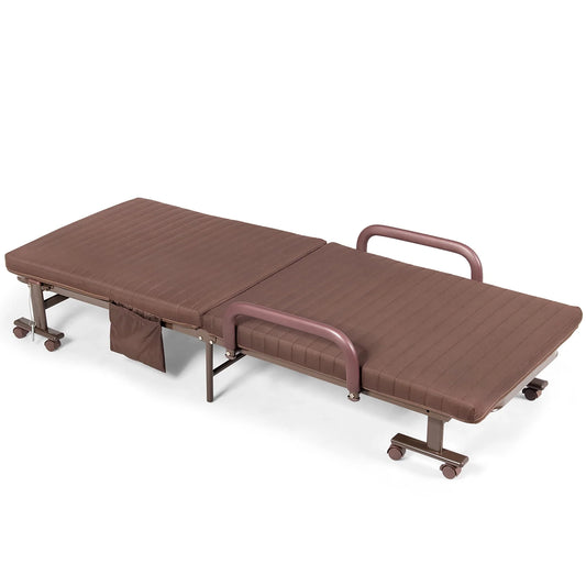 Giantex Folding Guest Bed, Single Bed with with Mattress and Heavy Duty Metal Frame, Adjustable Folding Sleeper Bed with Storage Bag, Portable Sleeper Bed with Wheels for Home, Office, Outdoor (Brown)
