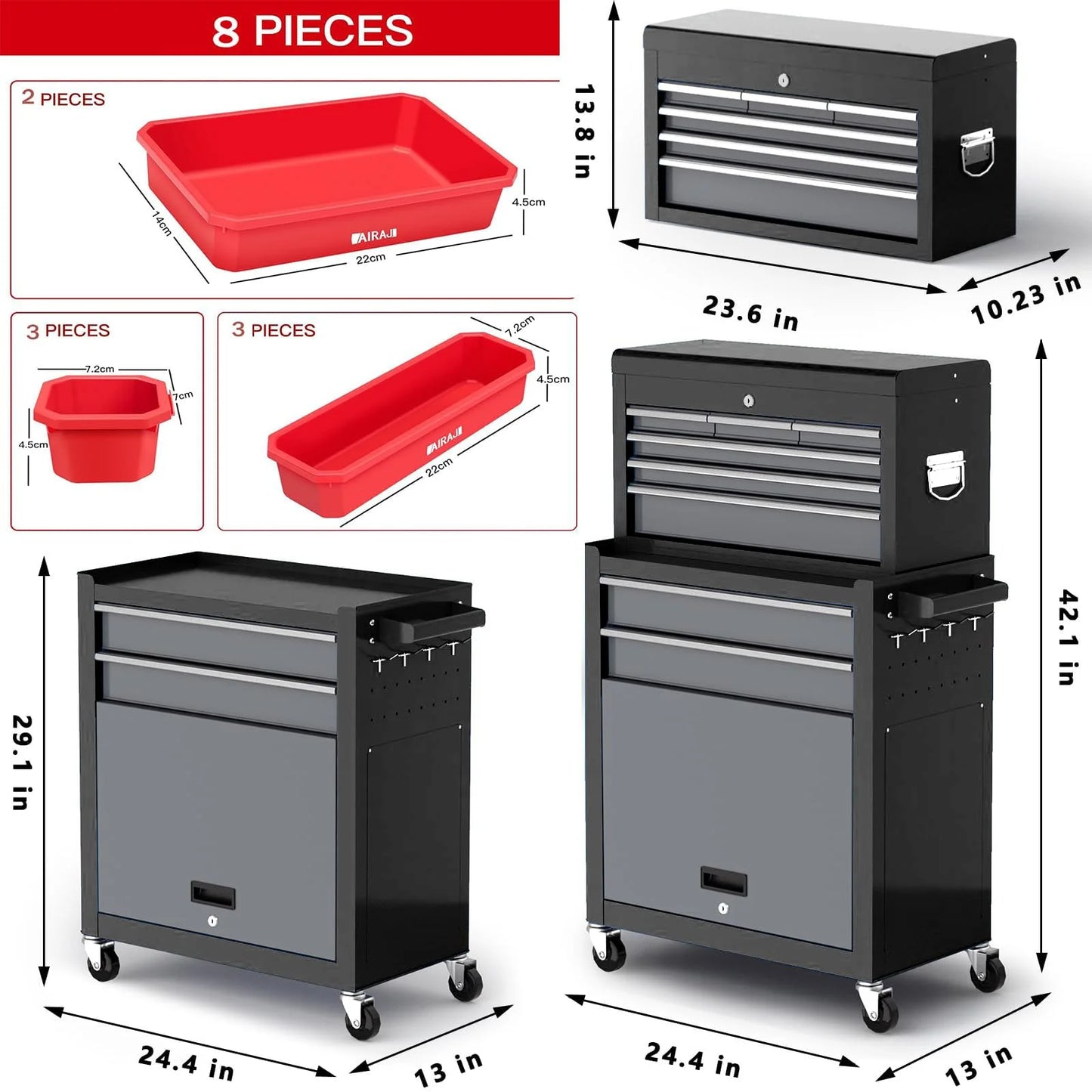 AIRAJ 42'' 8-Drawer Rolling Tool Chest with Wheels | Heavy-Duty Metal Tool Box with Removable Lid & Hooks | Garage Storage Cabinet with Liners, Tray Dividers