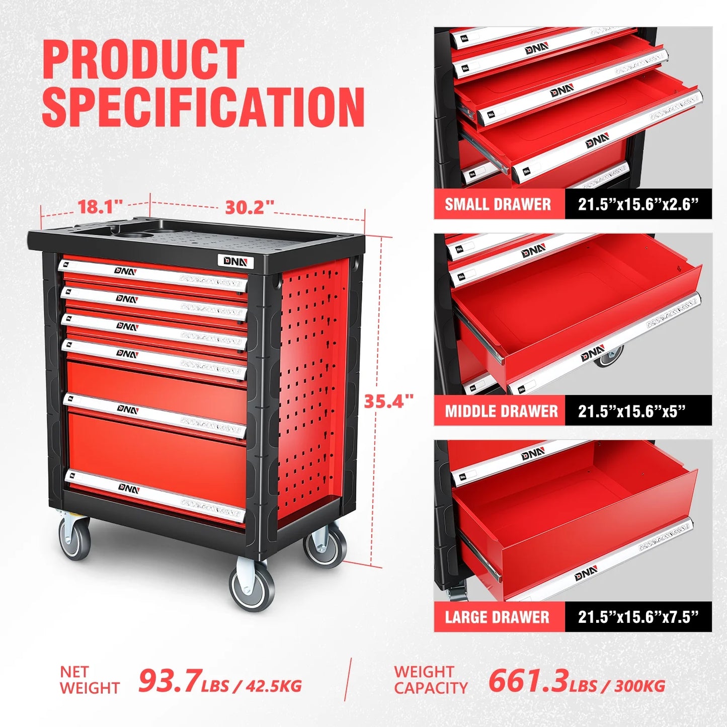 DNA Motoring TOOLS-00395 Garage Warehouse Workshop 6-Drawer Plastic Top Tray Rolling Tool Cabinet Chest With 4 Casters Red